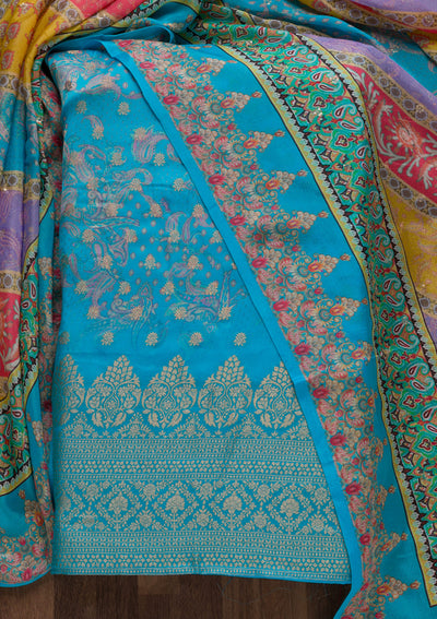 Sky Blue Zariwork Semi Crepe Unstitched Salwar Suit