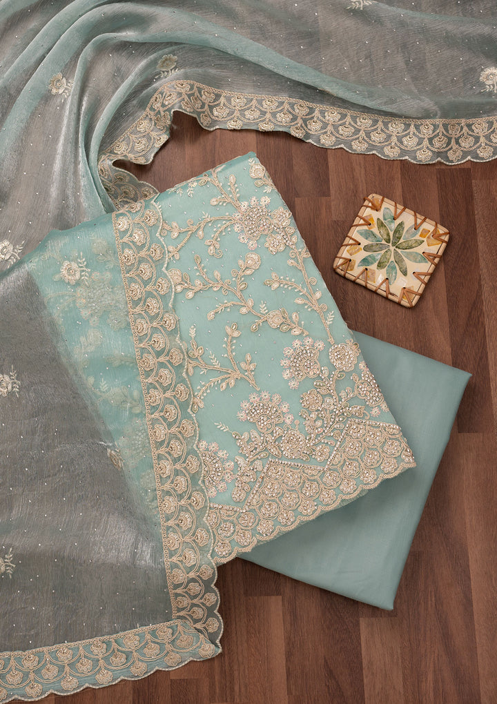 Sky Blue Zariwork Semi Crepe Unstitched Salwar Suit