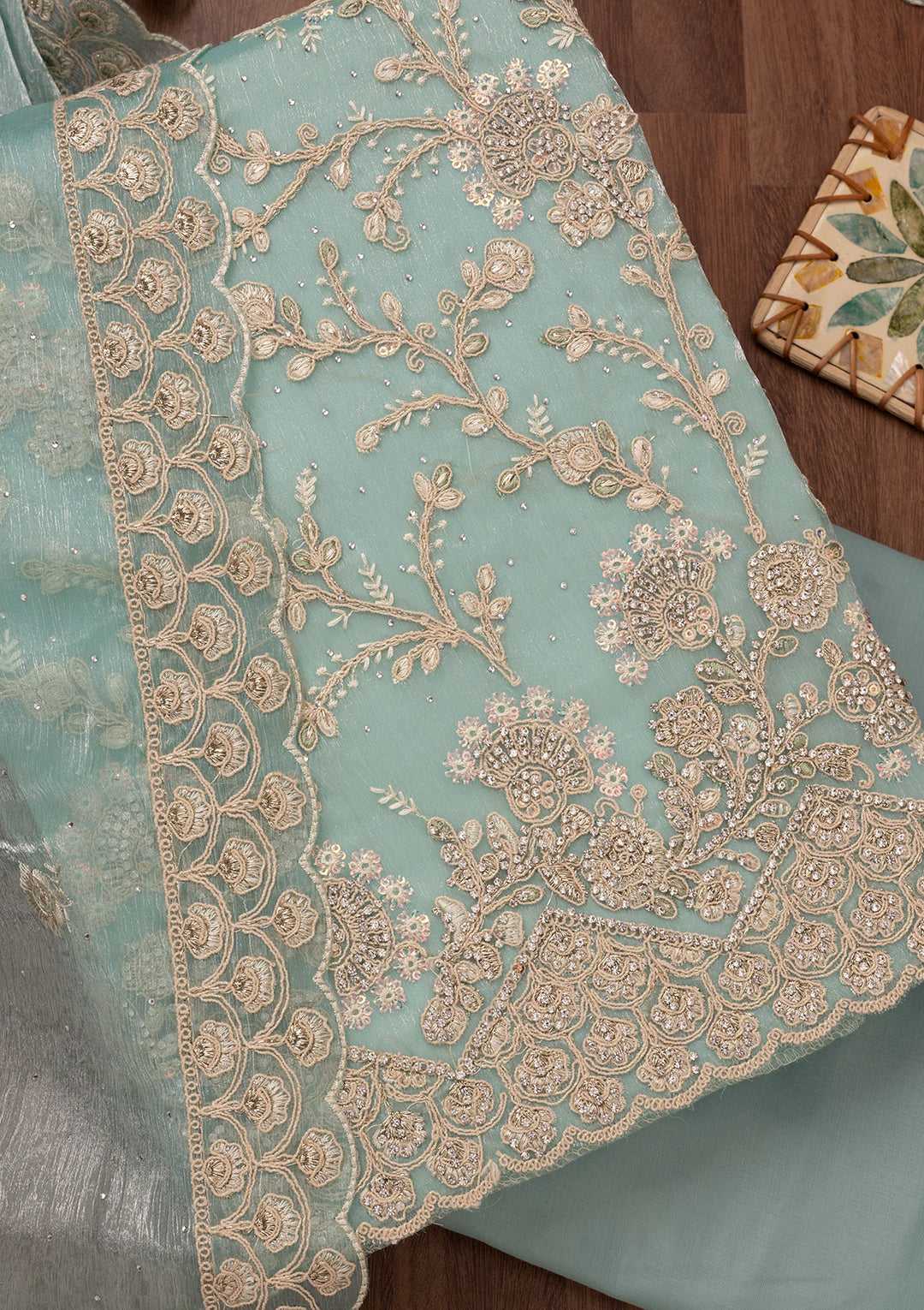 Sky Blue Zariwork Semi Crepe Unstitched Salwar Suit