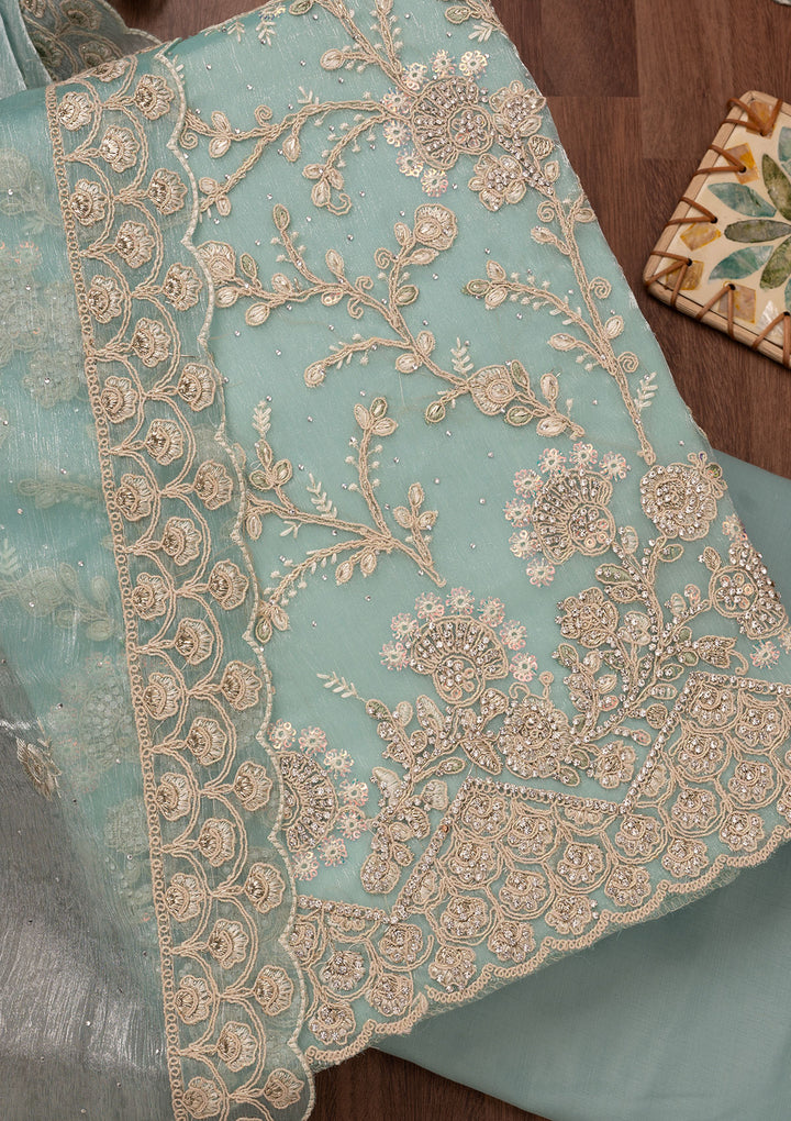 Sky Blue Zariwork Semi Crepe Unstitched Salwar Suit