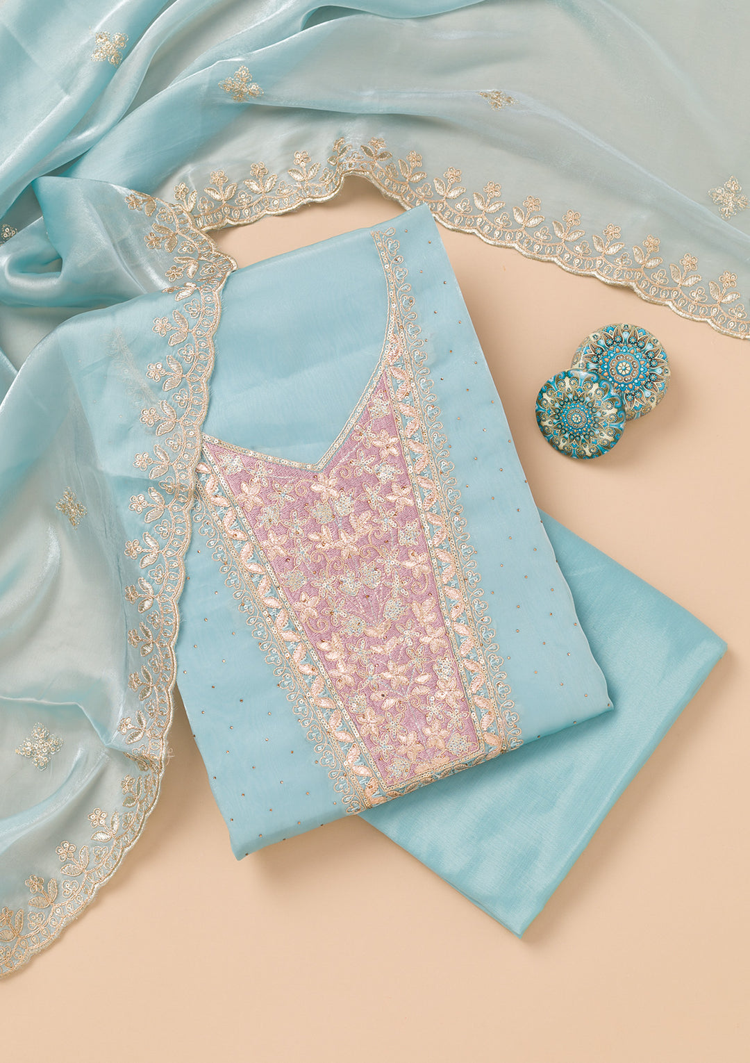 Sky Blue Zariwork Tissue Unstitched Salwar Suit