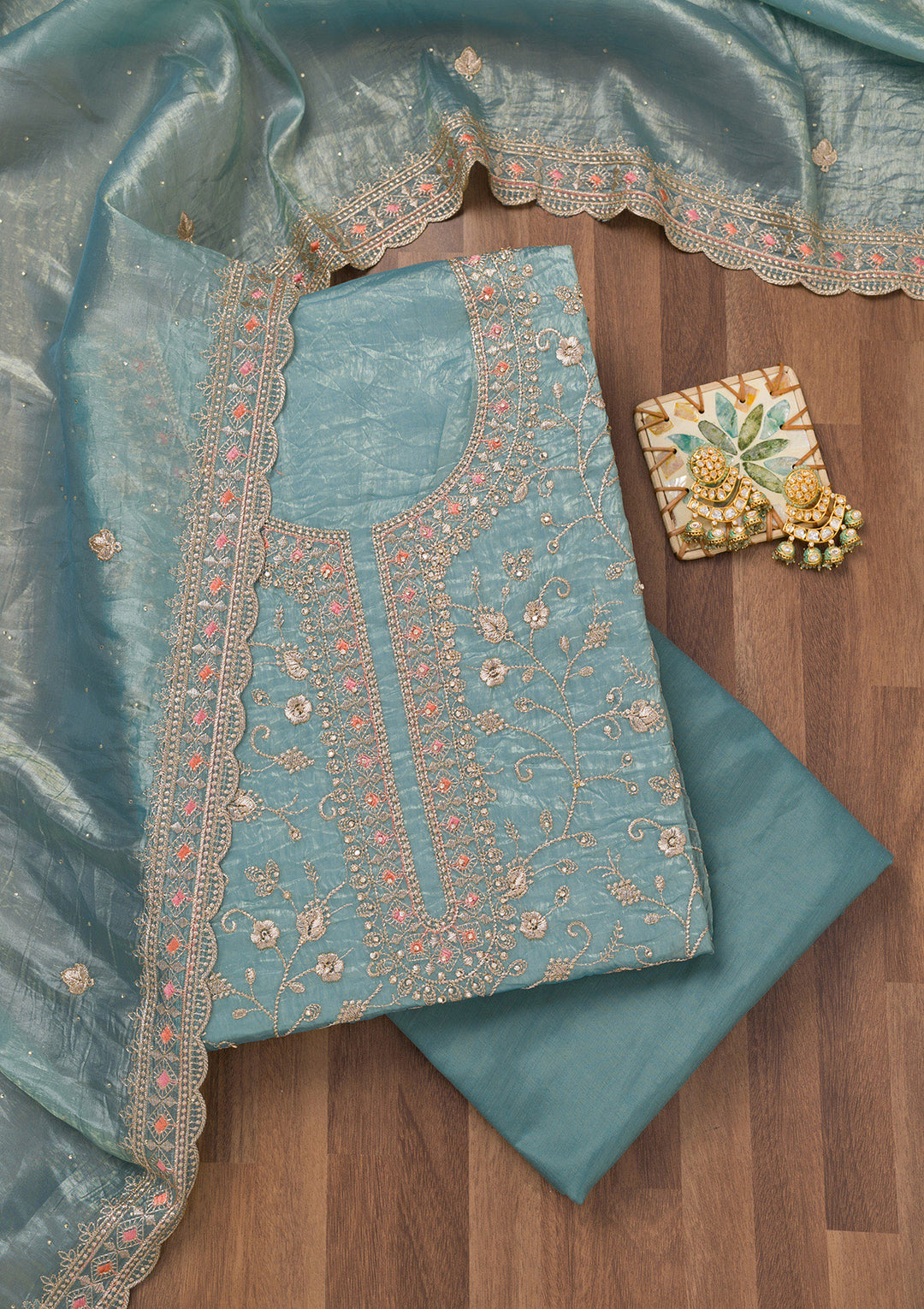 Sky Blue Zariwork Tissue Unstitched Salwar Suit