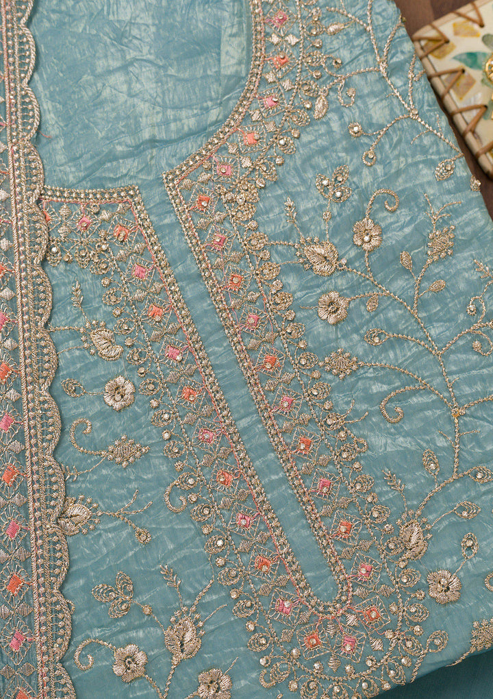 Sky Blue Zariwork Tissue Unstitched Salwar Suit