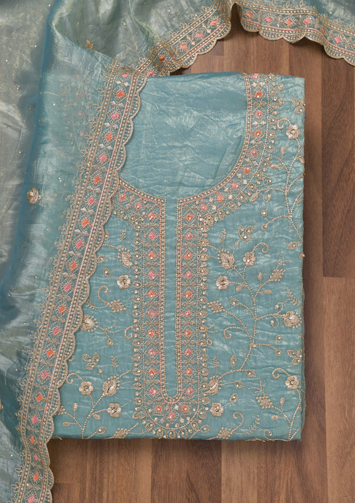 Sky Blue Zariwork Tissue Unstitched Salwar Suit