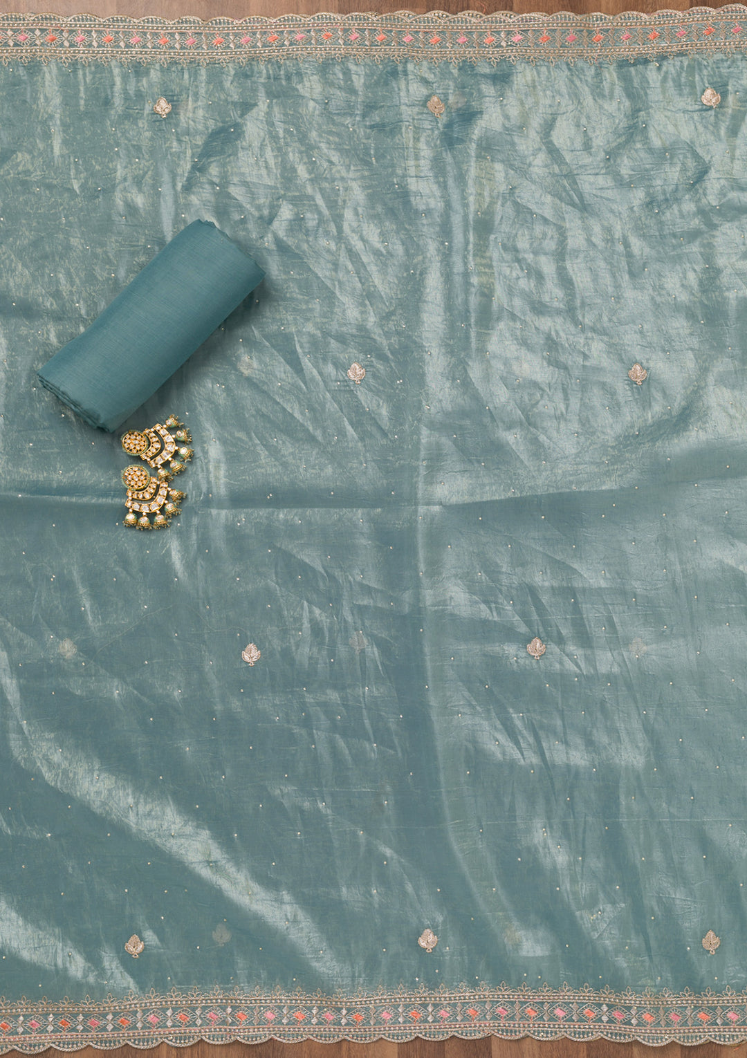 Sky Blue Zariwork Tissue Unstitched Salwar Suit