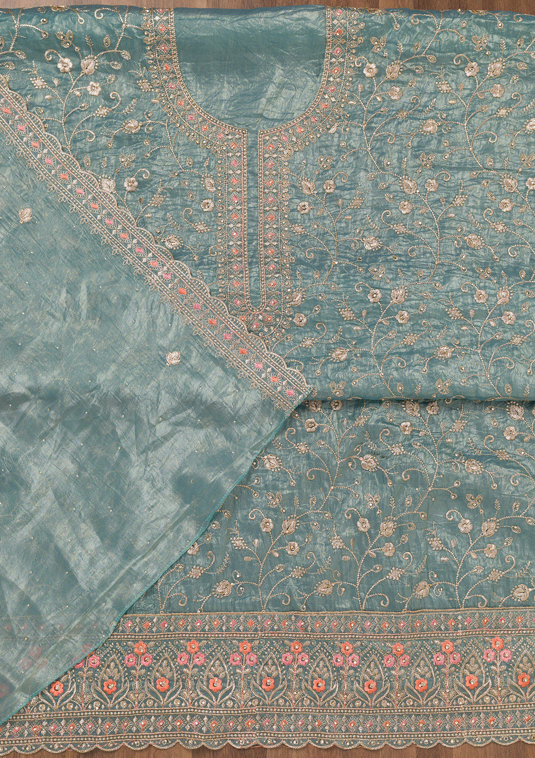 Sky Blue Zariwork Tissue Unstitched Salwar Suit