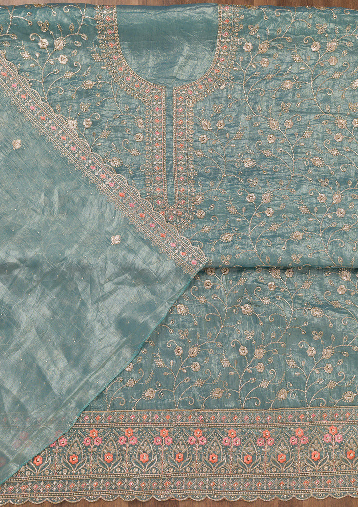 Sky Blue Zariwork Tissue Unstitched Salwar Suit