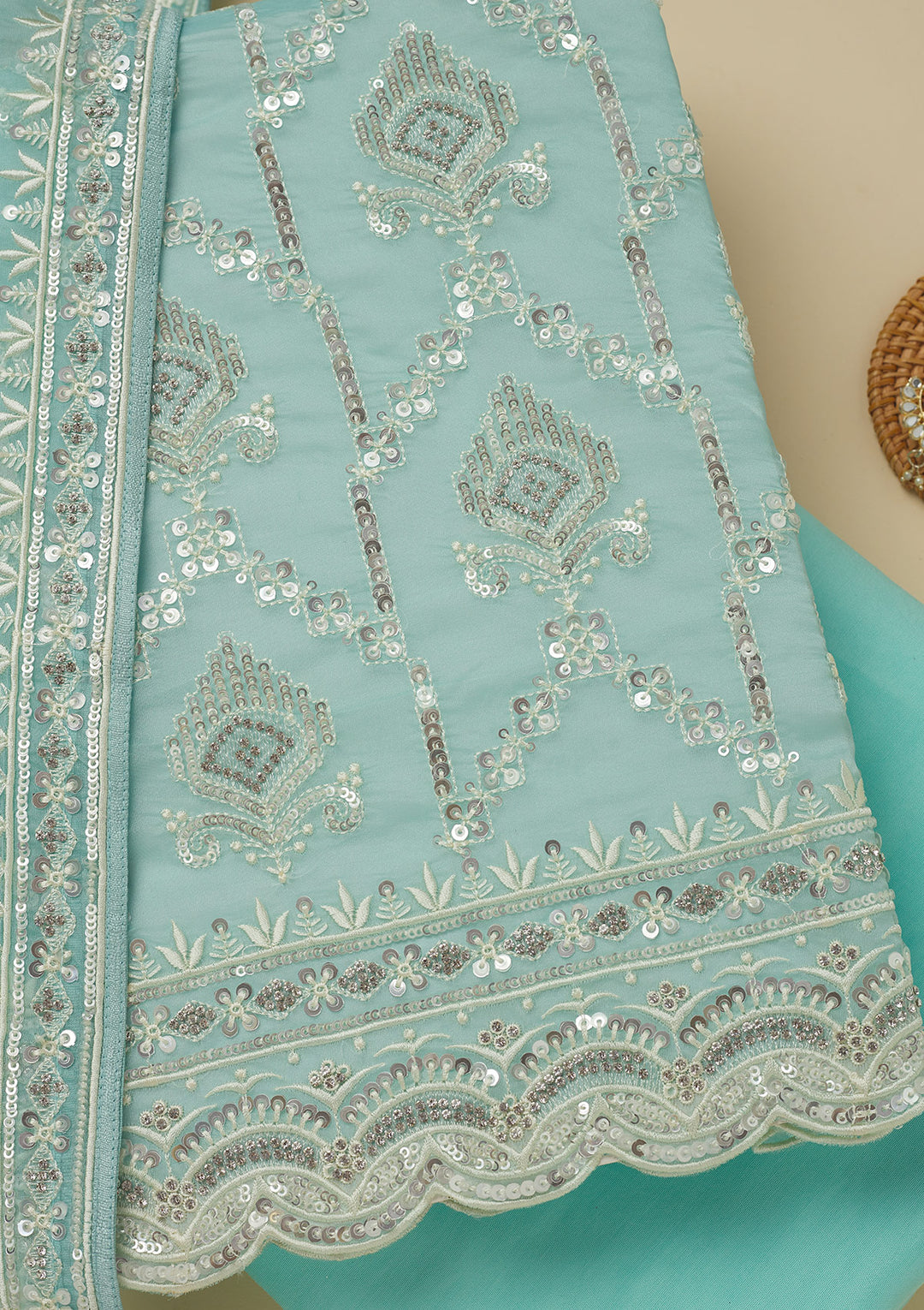Sky Blue Zariwork Tissue Unstitched Salwar Suit
