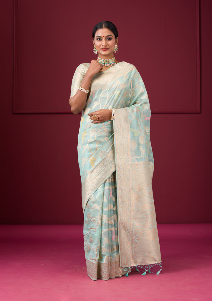 Sky Blue Zariwork Tissue Saree
