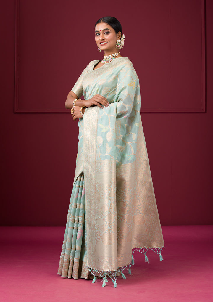 Sky Blue Zariwork Tissue Saree