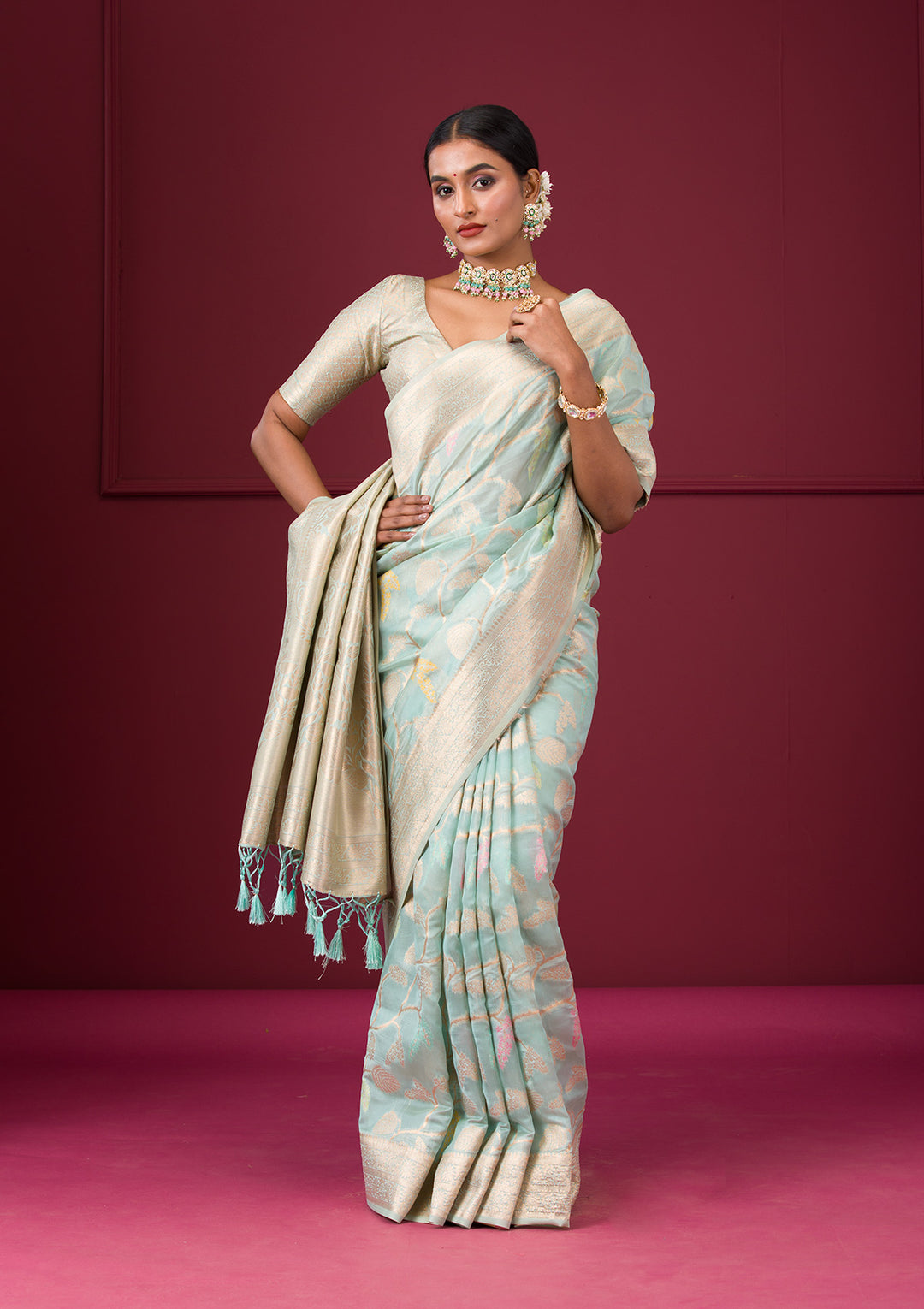 Sky Blue Zariwork Tissue Saree