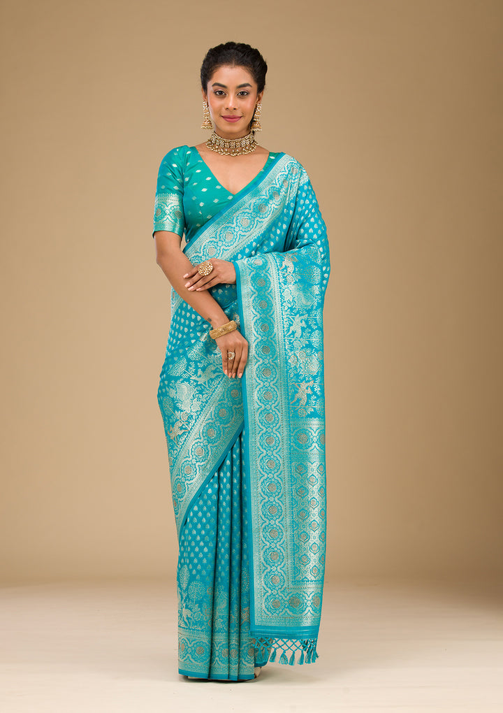 Turquoise Blue Stonework Art Silk Saree