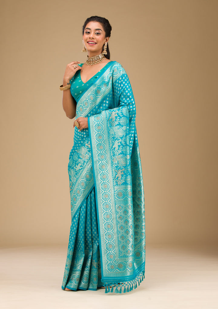 Turquoise Blue Stonework Art Silk Saree