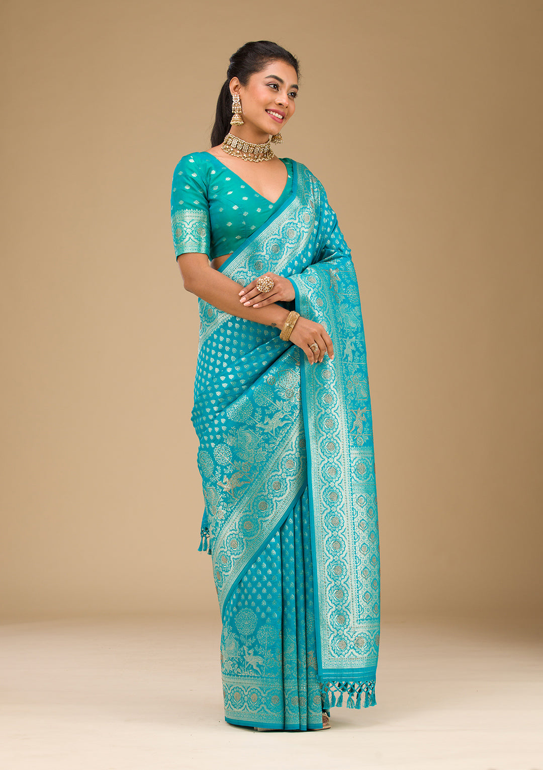 Turquoise Blue Stonework Art Silk Saree