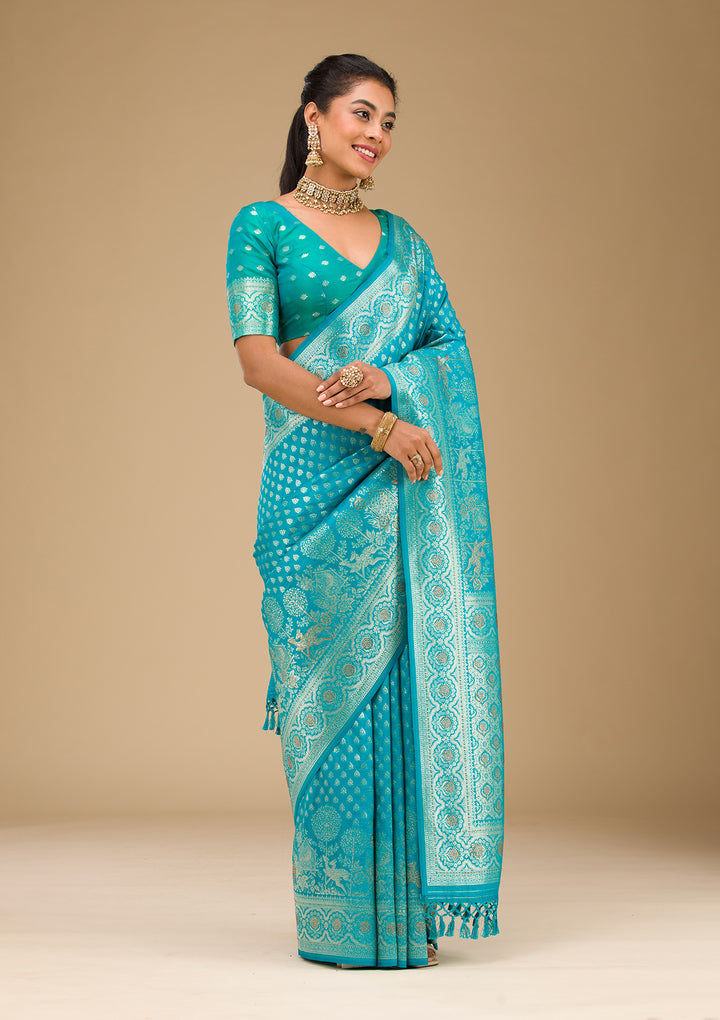 Turquoise Blue Stonework Art Silk Saree