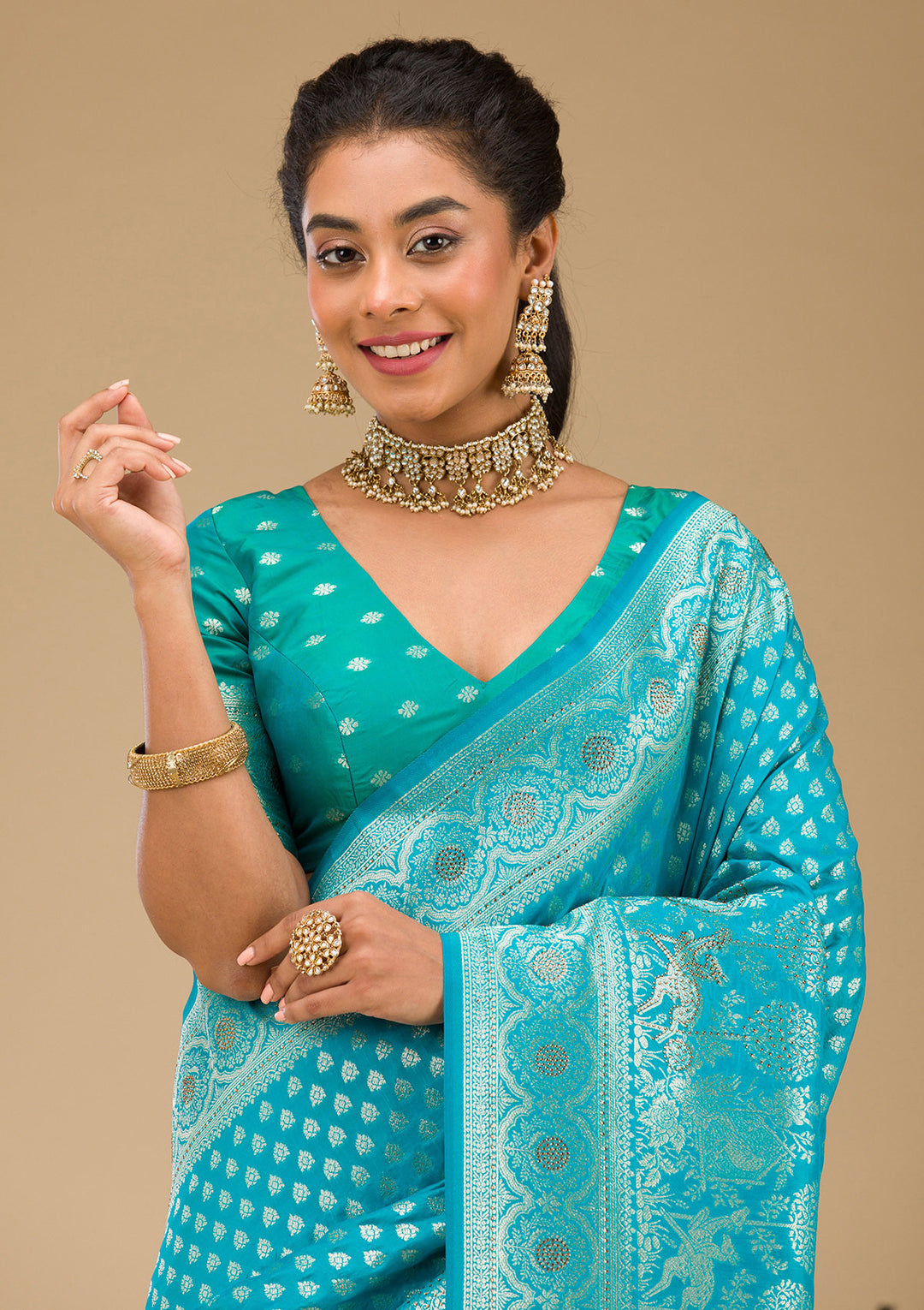 Turquoise Blue Stonework Art Silk Saree
