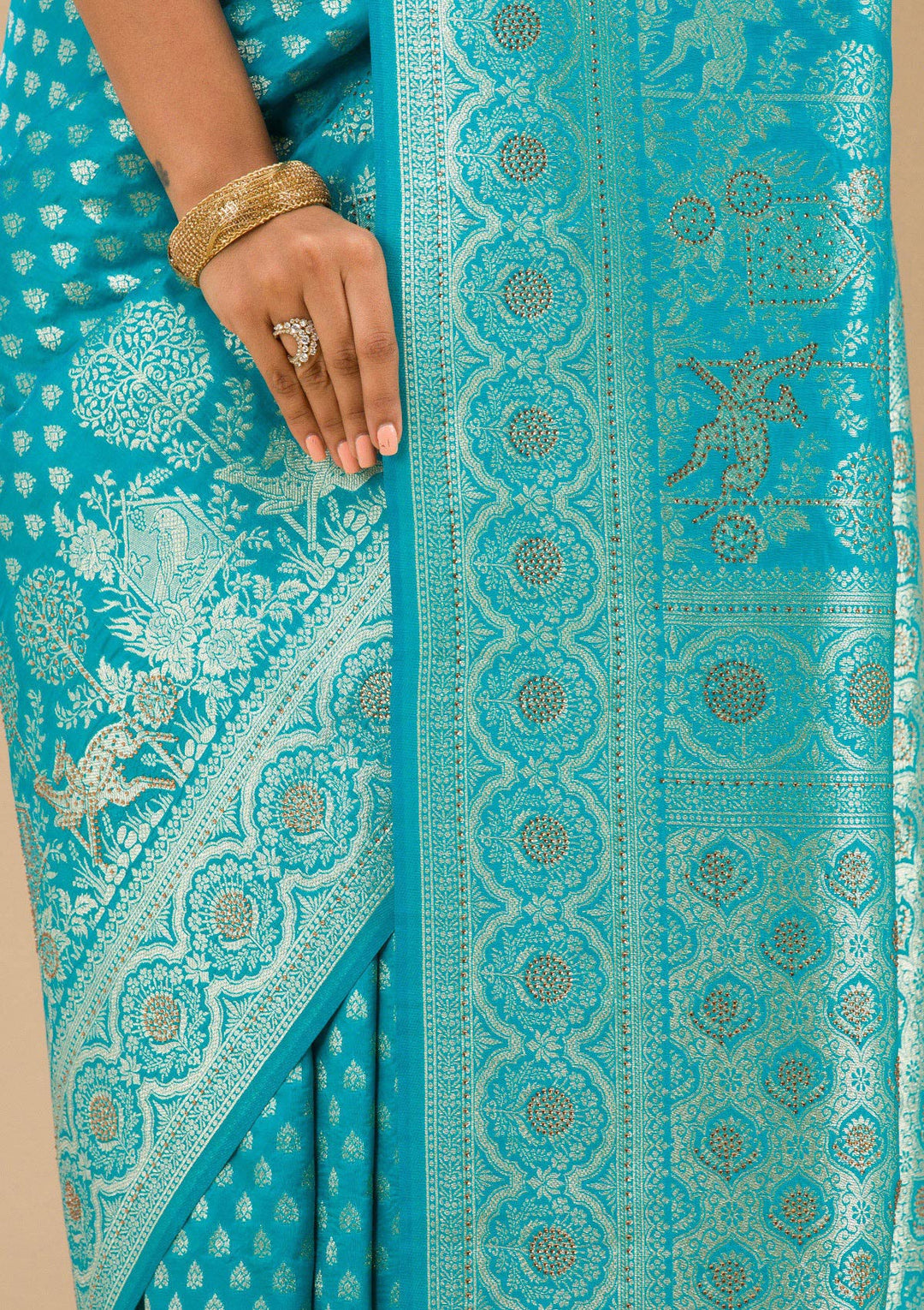 Turquoise Blue Stonework Art Silk Saree