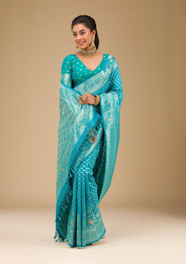 Turquoise Blue Stonework Art Silk Saree