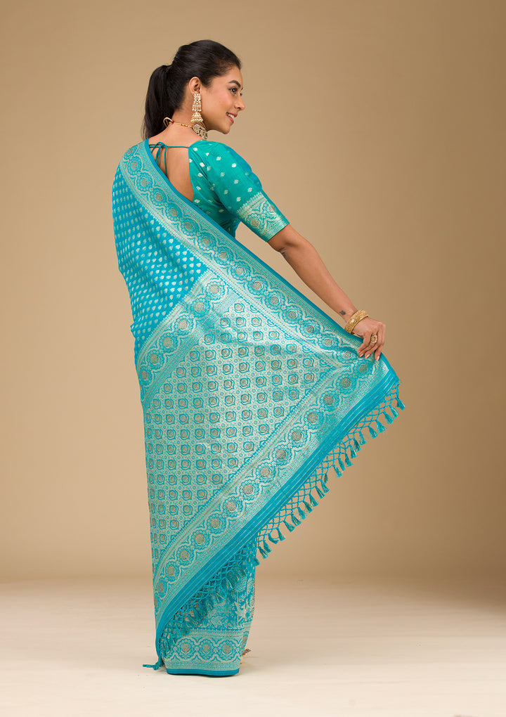 Turquoise Blue Stonework Art Silk Saree