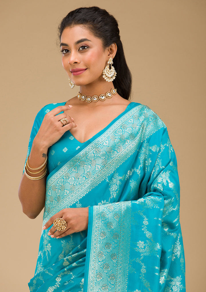 Turquoise Blue Stonework Art Silk Saree