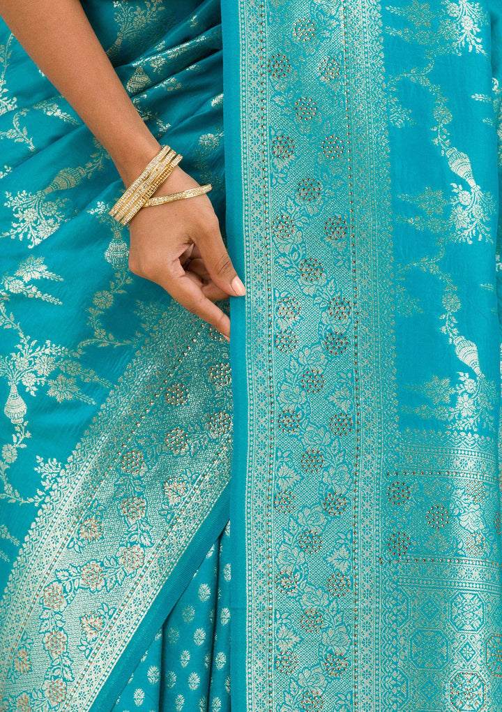 Turquoise Blue Stonework Art Silk Saree