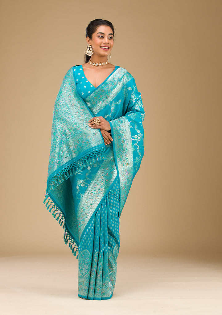 Turquoise Blue Stonework Art Silk Saree