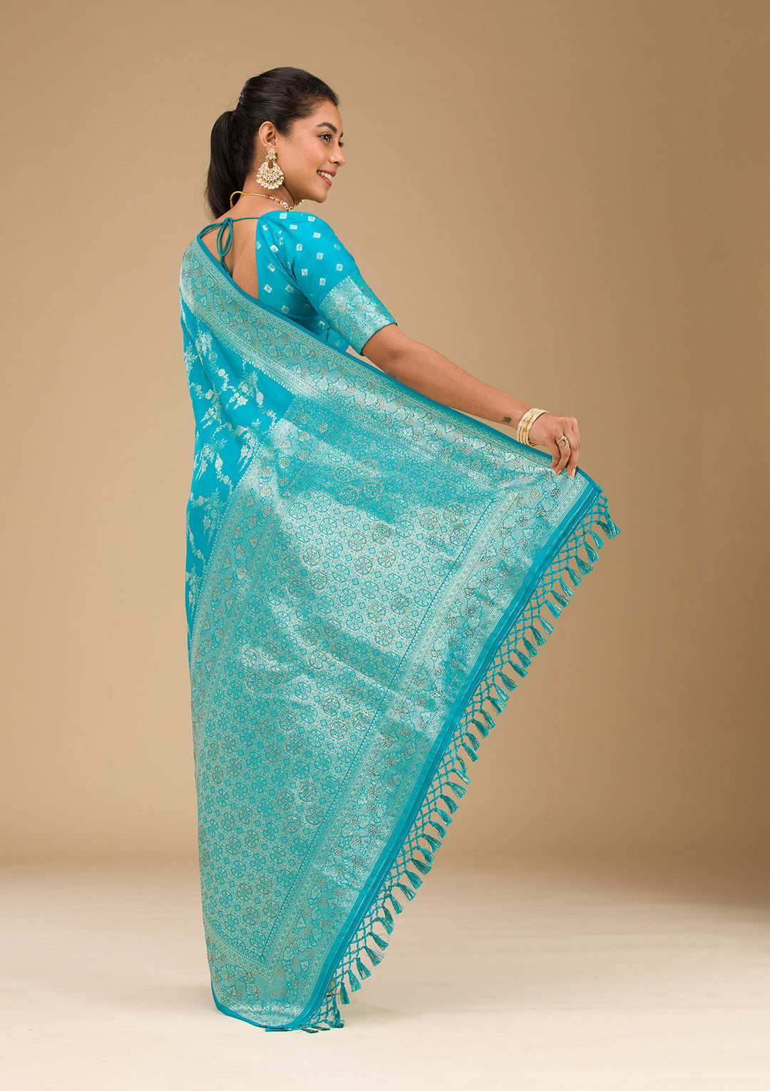 Turquoise Blue Stonework Art Silk Saree