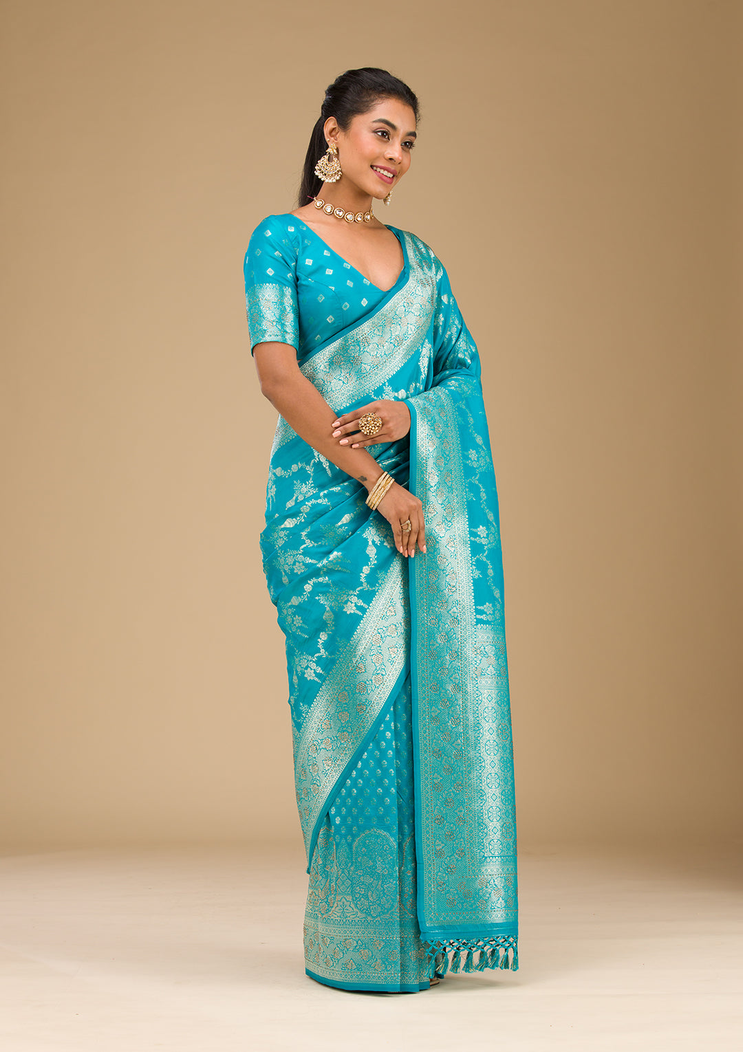Turquoise Blue Stonework Art Silk Saree