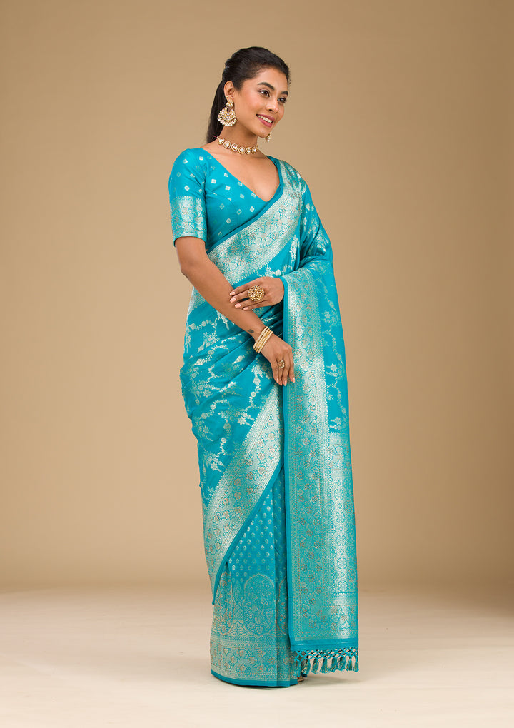Turquoise Blue Stonework Art Silk Saree