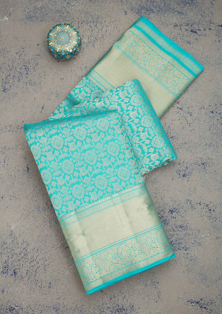 Turquoise Blue Zariwork Pure Silk Saree