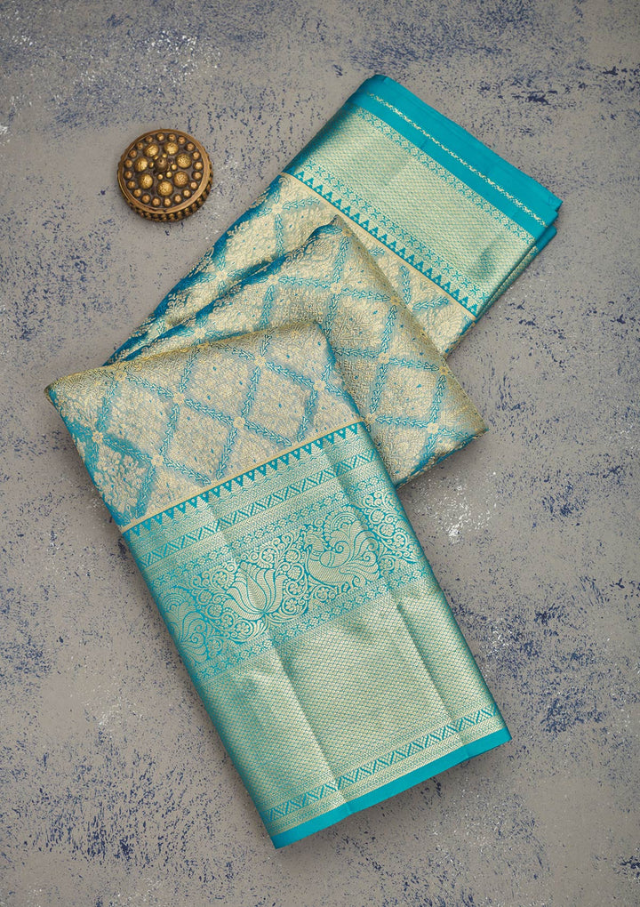 Turquoise Blue Zariwork Pure Silk Saree