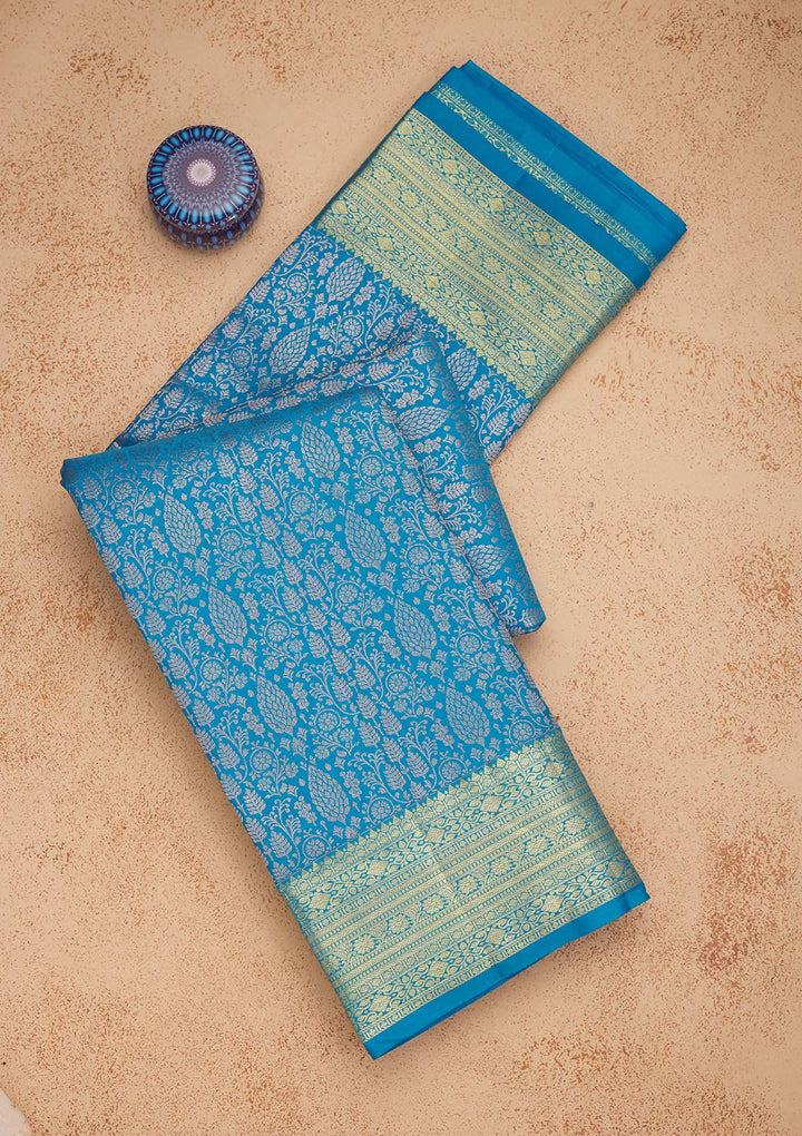 Turquoise Blue Zariwork Pure Silk Saree