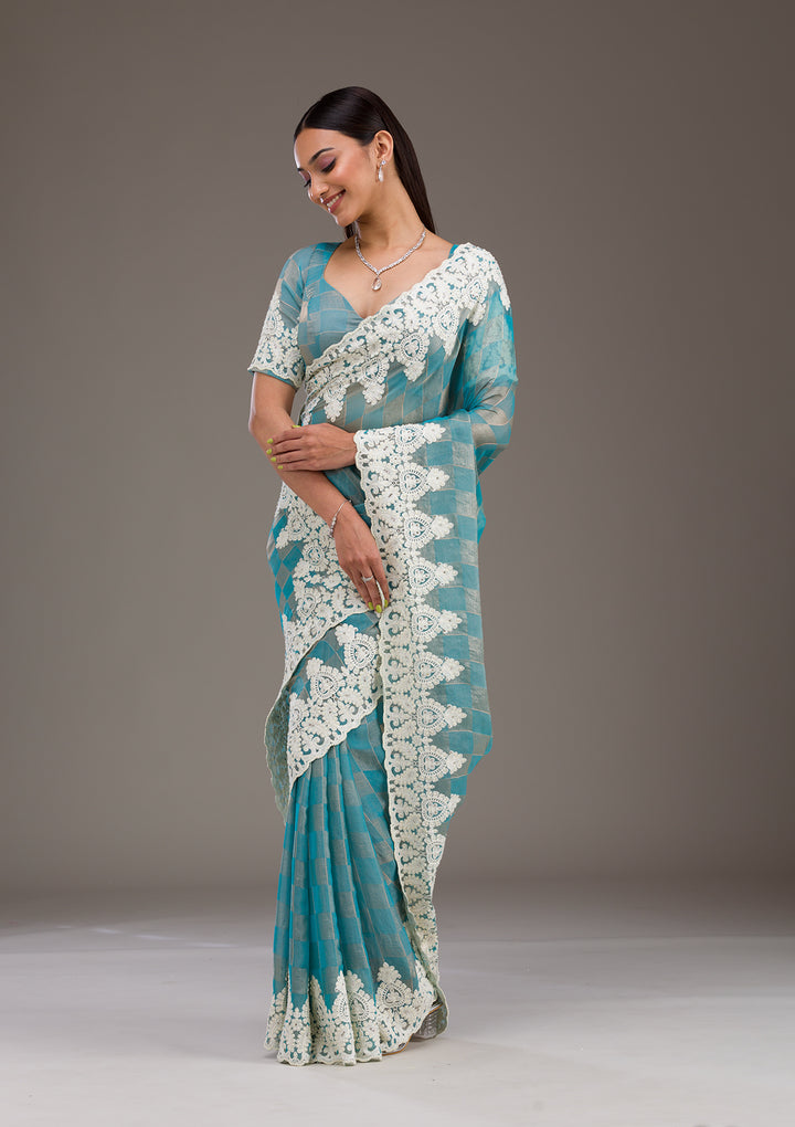 Turquoise Blue Pearlwork Tissue Saree
