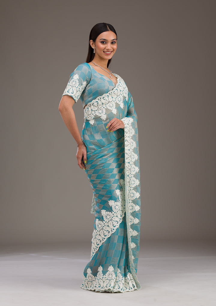 Turquoise Blue Pearlwork Tissue Saree