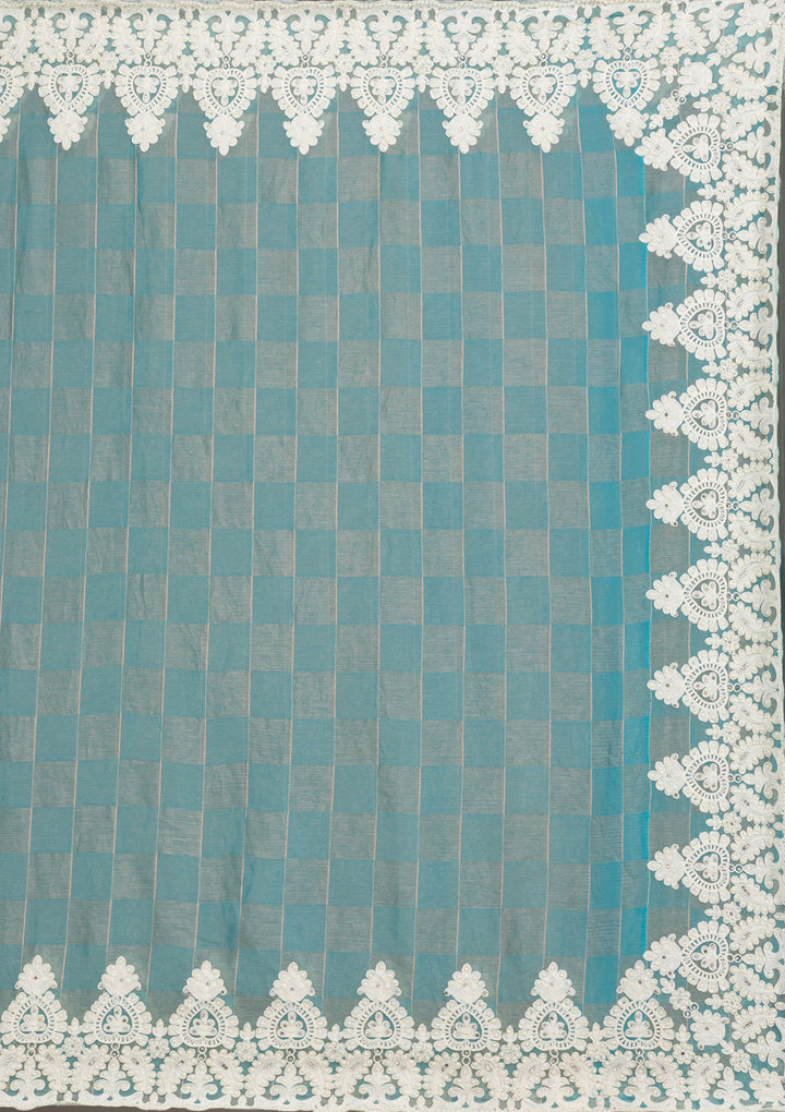 Turquoise Blue Pearlwork Tissue Saree