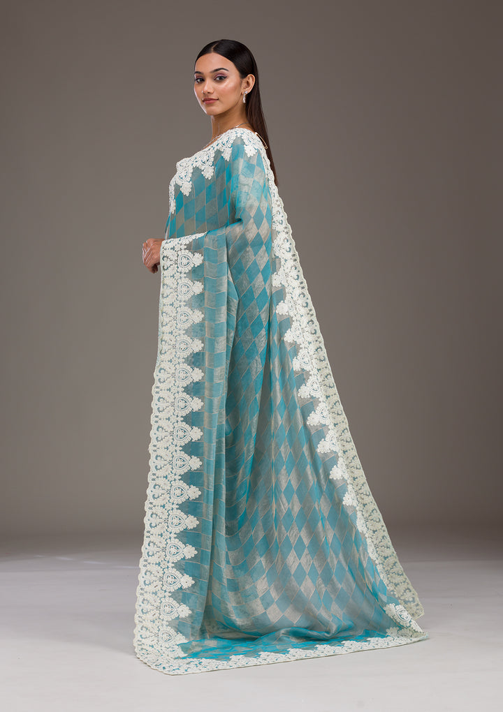 Turquoise Blue Pearlwork Tissue Saree