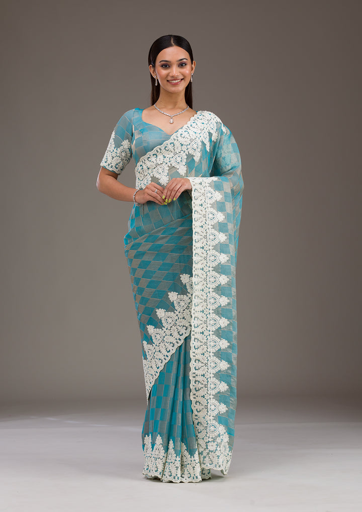 Turquoise Blue Pearlwork Tissue Saree