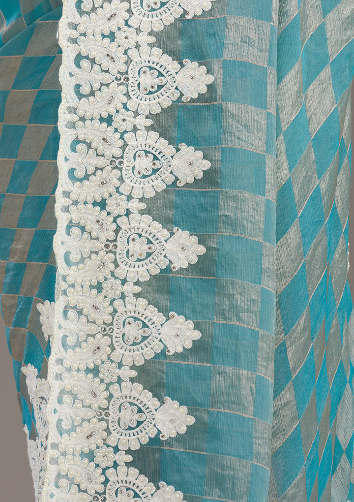 Turquoise Blue Pearlwork Tissue Saree