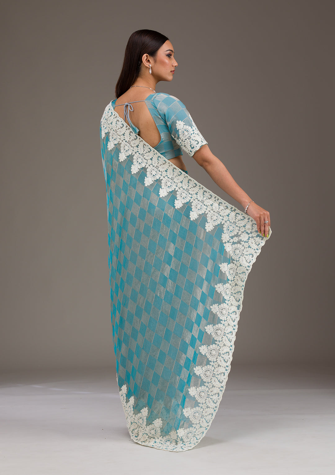 Turquoise Blue Pearlwork Tissue Saree