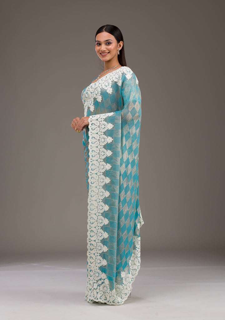 Turquoise Blue Pearlwork Tissue Saree