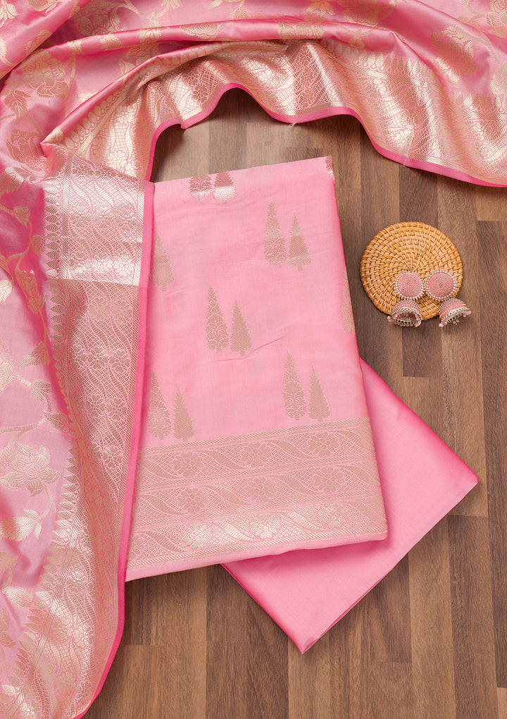 Baby Pink Zariwork Banarasi Unstitched Salwar Suit