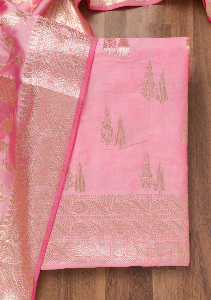 Baby Pink Zariwork Banarasi Unstitched Salwar Suit