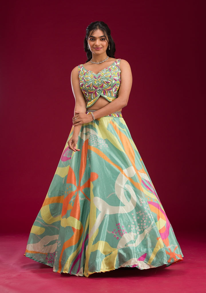 Turquoise Blue Printed Semi Crepe Readymade Lehenga