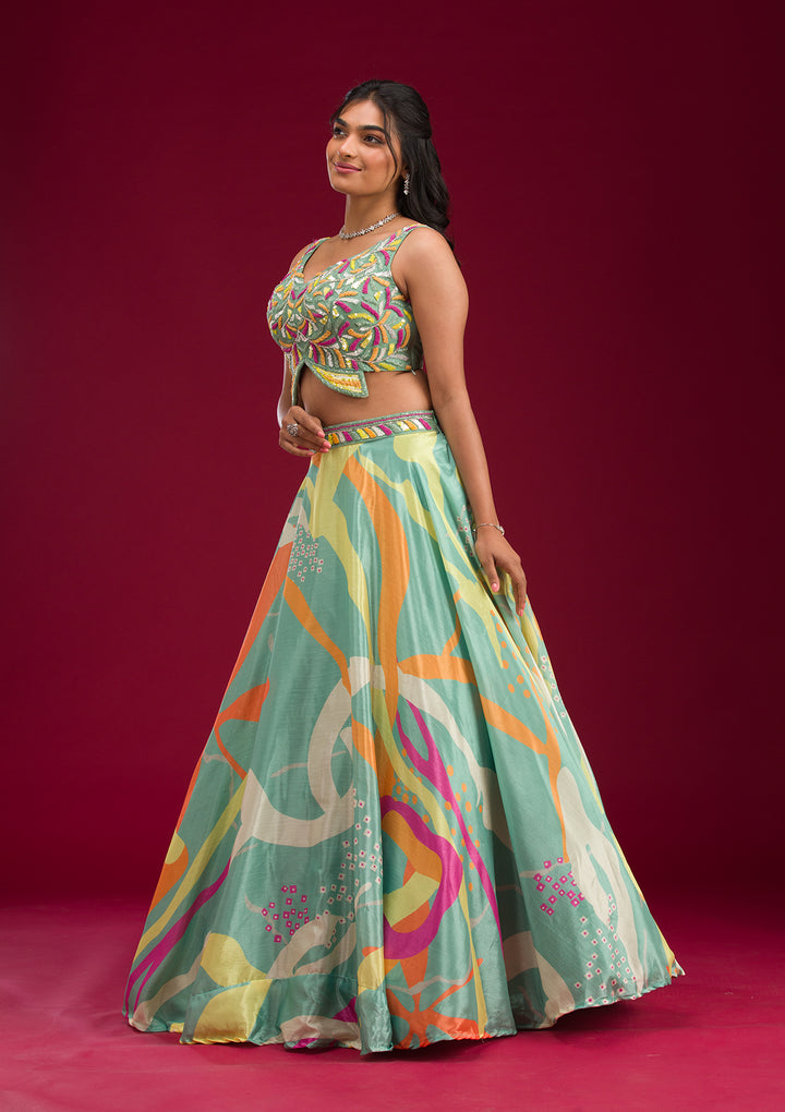Turquoise Blue Printed Semi Crepe Readymade Lehenga