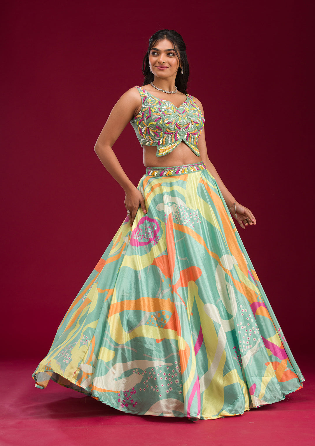 Turquoise Blue Printed Semi Crepe Readymade Lehenga