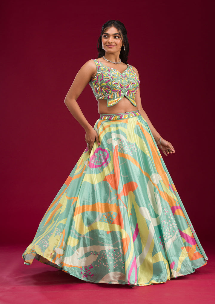 Turquoise Blue Printed Semi Crepe Readymade Lehenga
