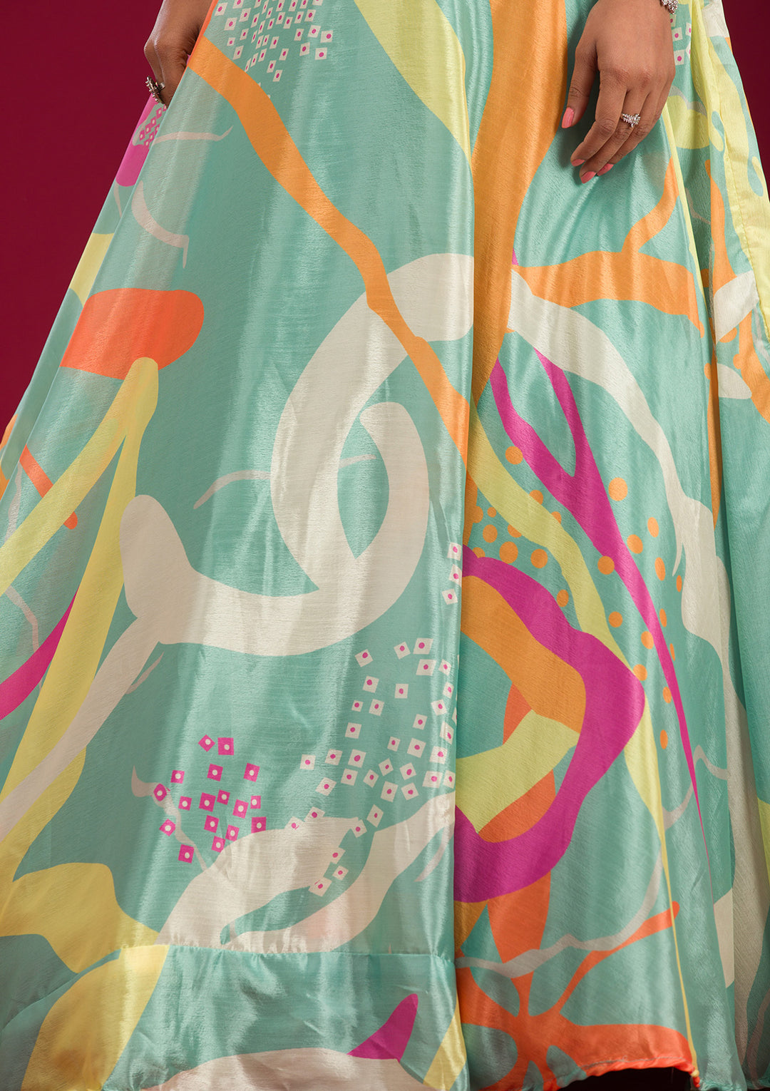 Turquoise Blue Printed Semi Crepe Readymade Lehenga