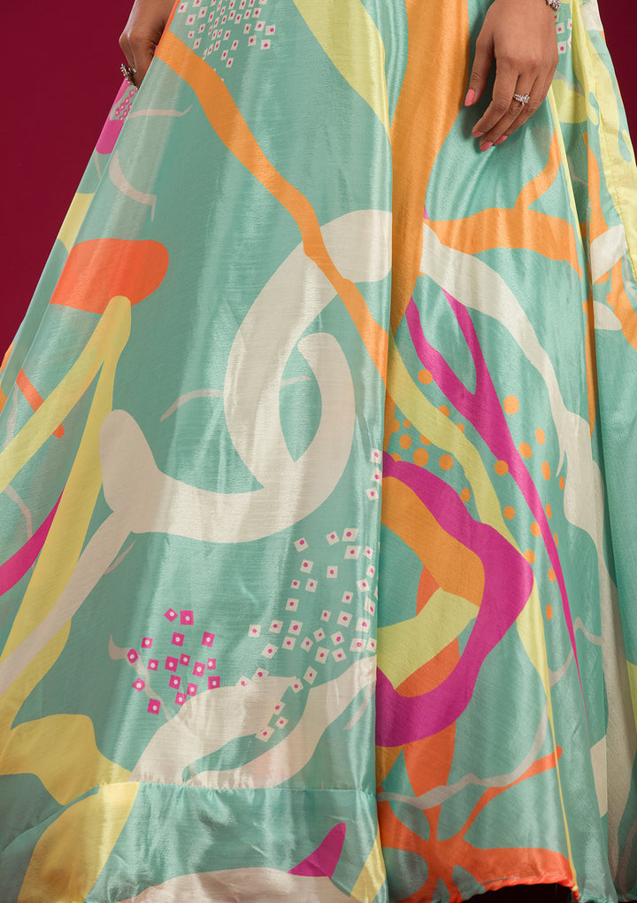 Turquoise Blue Printed Semi Crepe Readymade Lehenga