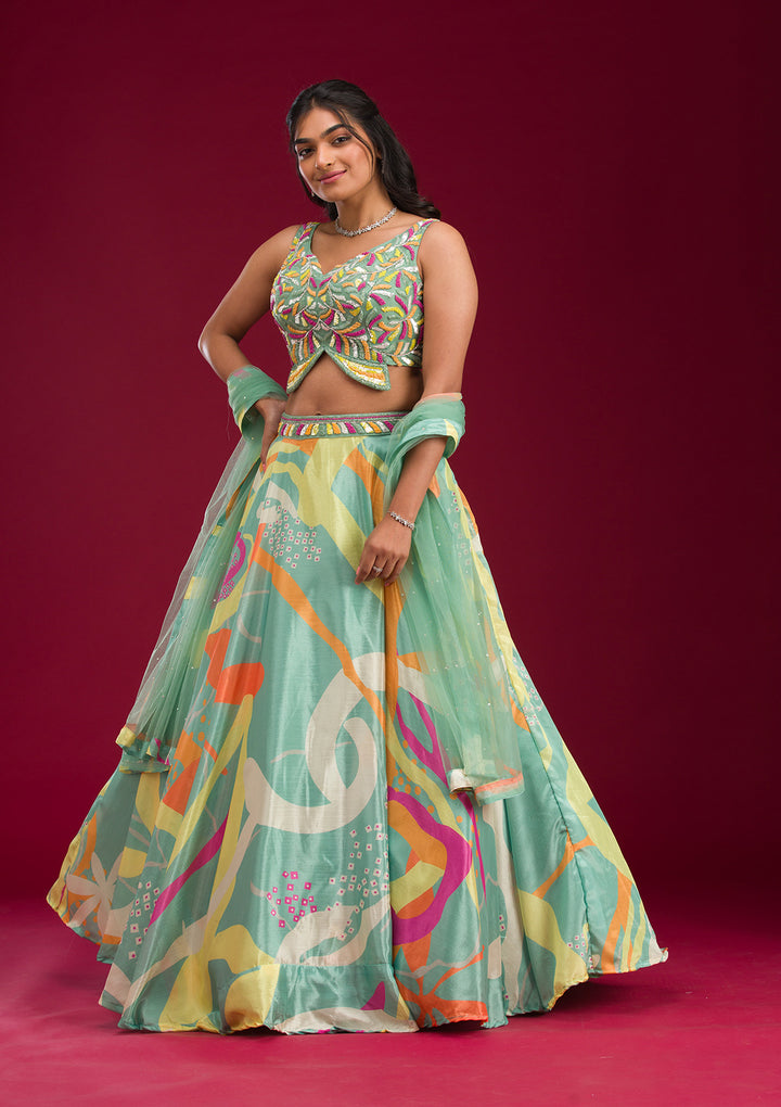 Turquoise Blue Printed Semi Crepe Readymade Lehenga