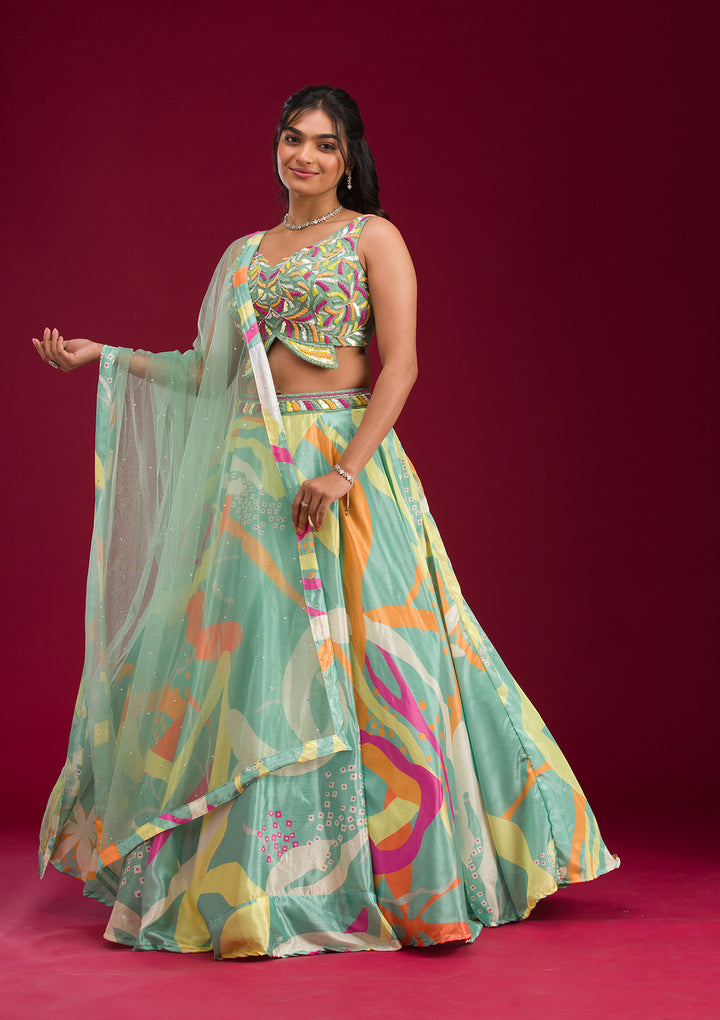 Turquoise Blue Printed Semi Crepe Readymade Lehenga